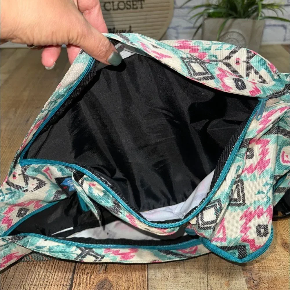 Kavu Rope Crossbody Sling Bag Aztec Southwestern Geometric Teal/Pink/Black